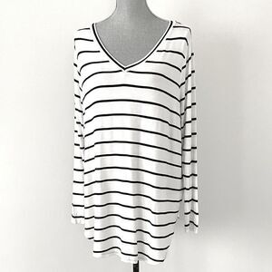 Zenana Black and White Striped V-Neck Women's Top Sz Large Coastal Chic Relaxed